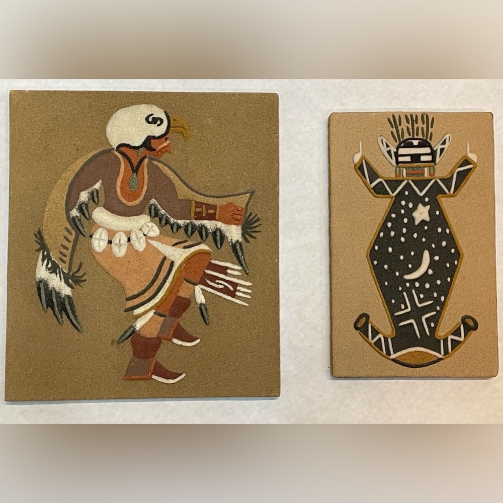 Pair Original 1970’s Art Sand Paintings. Father Sky & Eagle Dancer.